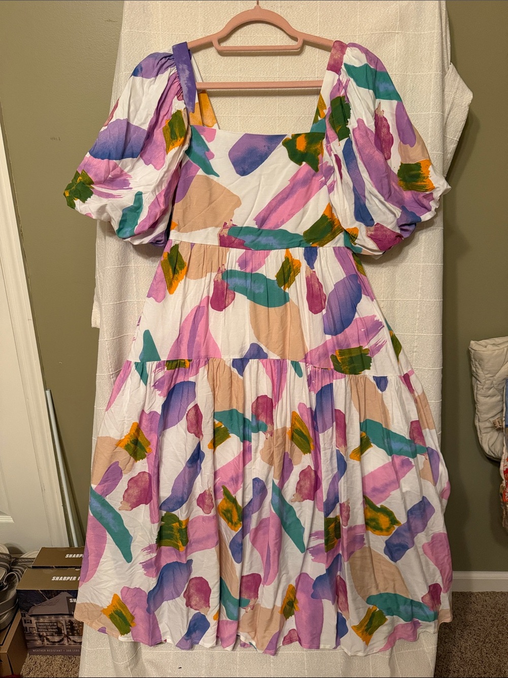 Colorful Abstract Puff-Sleeve Midi Dress - White Multi